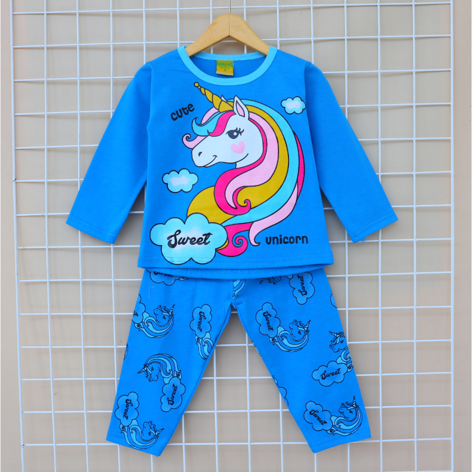 KJ Motif Cute Unicorn / Setelan Baju Celana Piyama Anak / Bayi Perempuan  Usia 2 - 8 tahun