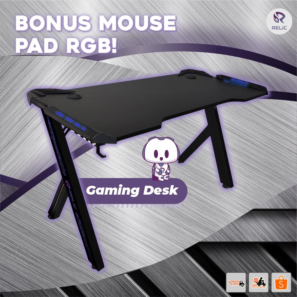 Meja Gaming Relic Carbon Texture RGB Light Cupholder Desk Uk 120x60x73 Furniture Perlengkapan Rumah Termurah Premium