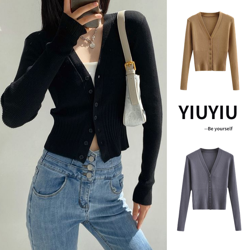 YIU YIU Rajut - Cardigan Rajut Premium V-neck Cardigan Rajut Crop Sexy Style Atasan Rajut Wanita Import Lengan Panjang