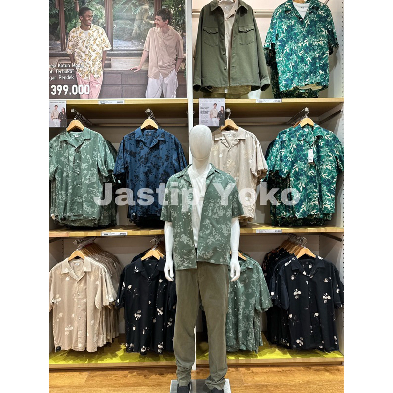 MEN Kemeja Motif Katun Modal Kerah Terbuka UNIQLO