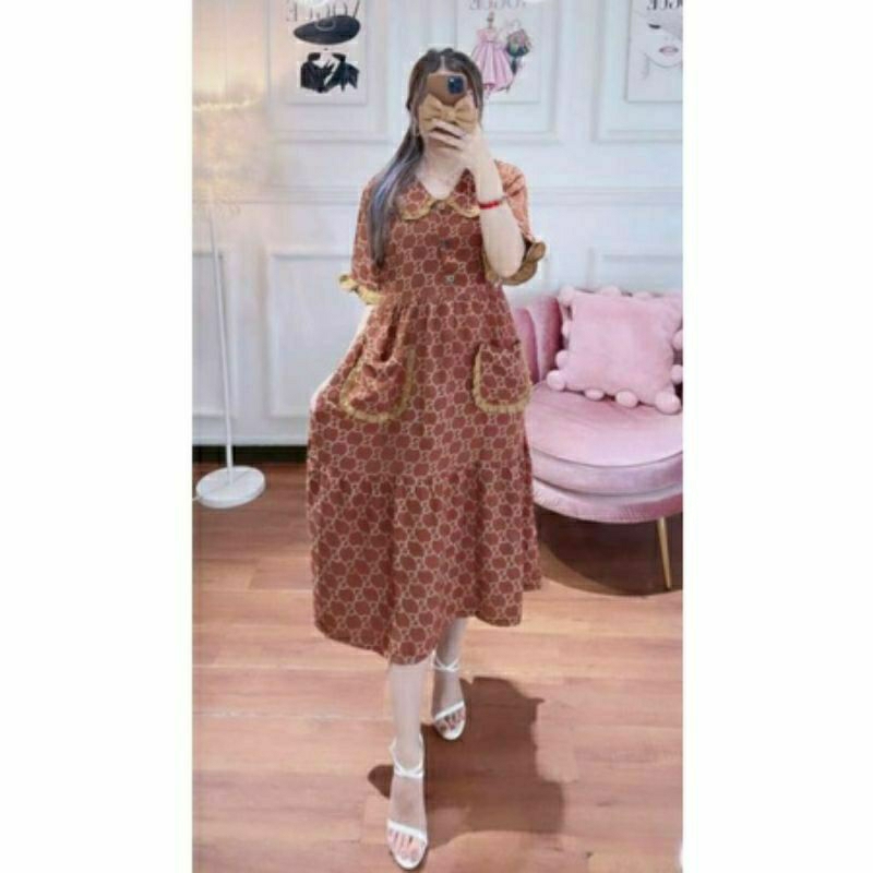 Dress rayon motif terbaru wanita kekinian busui saku depan