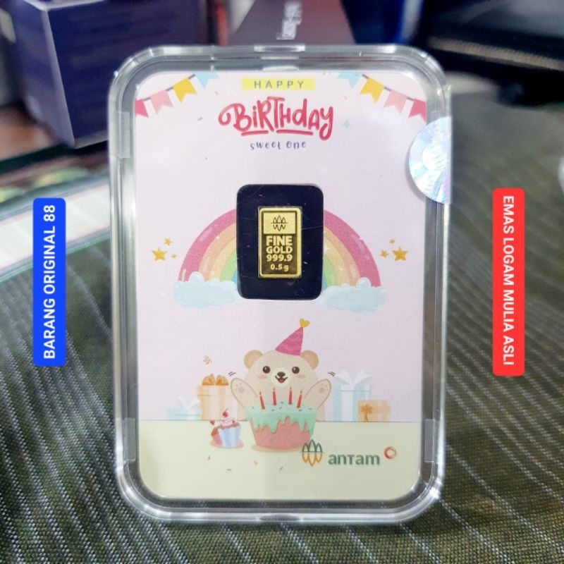 KADO HADIAH ULANG TAHUN 0.5 GRAM BALON GOLD UCAPAN HAPPY BIRTHDAY EMAS ANTAM SATU GR HARTADINATA GIF