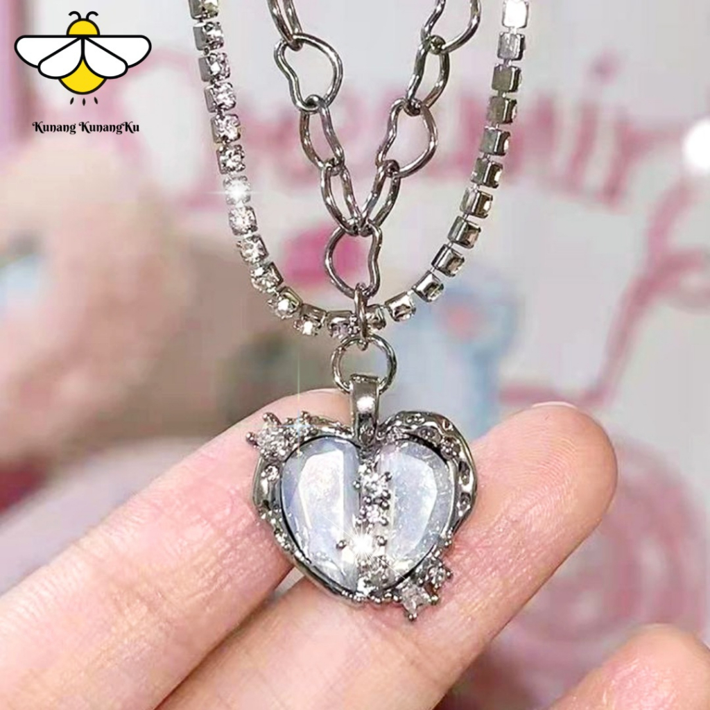 Kalung Titanium Cinta Mosaik Wanita Pria Gaya Hip Hop Liontin Love Hitam Anti Karat