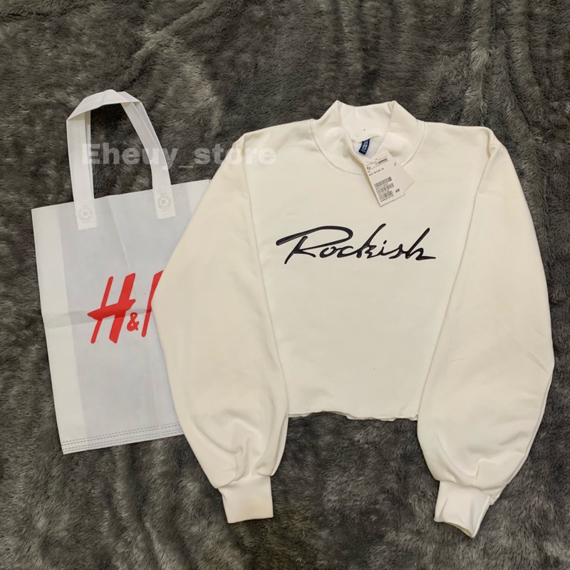 Crop Sweater HM ROCKISH Broken White Crewneck Crop Wanita soft cream
