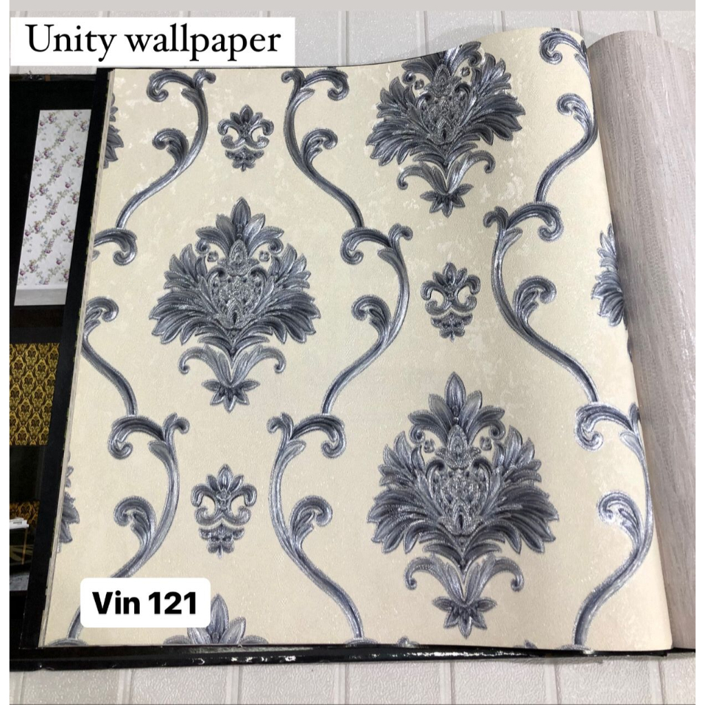 WALLPAPER DINDING KLASIK SILVER ABU TEMBAGA DAMASK VINCENZO