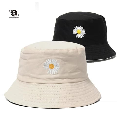 NEW Bucket Dua Sisi Anti Uv Motif Bordir Bunga Daisy Bahan Katun Twill / Bucket Bordir Bunga