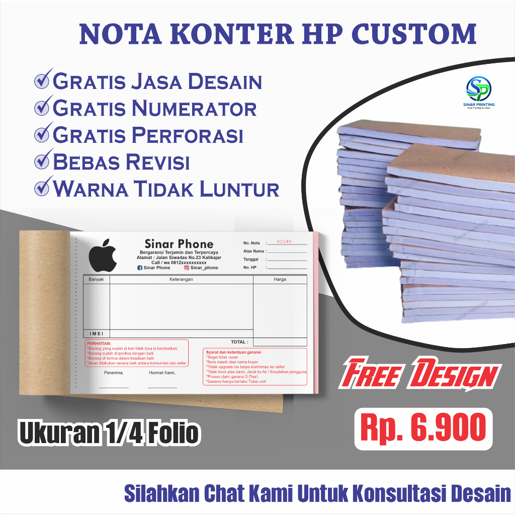 Nota Penjualan HP Custom Nota Konter HP - 1 Ply / 2 Ply Free Desain - Nota Custom Satuan