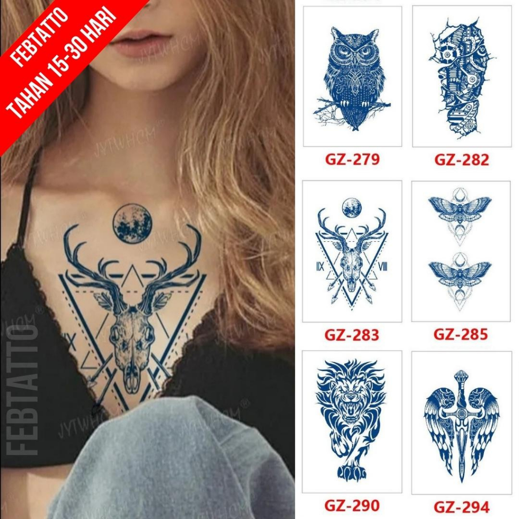 Tato Semi Pemanent Tahan 1 Bulan Ukuran 11cmx18cmTato Lengan Tato Dada Tato tangan Tato Kaki Tato Punggung Motif Aesthetic Tatto Temporary Stiker Tato Halal Grosir Tato air motif burung hantu, tribal robot, kepala rusa, kupu kupu, macan, sayap GZ 283