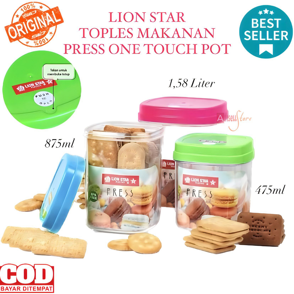 ( BISA COD ) PROMO Lion Star Toples Press One Touch Pot / Toples Plastik Polos / Tempat Cemilan / Food Storage / Wadah Makanan / Toples Lebaran / Toples Snack Tekan / Toples BPA FREE / Toples Lion Star PT-40/42/45