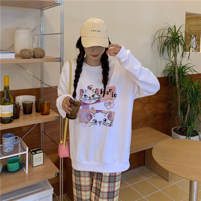 XiaoZhaiNv Sweater Oversized Wanita Cat Anime Pattern Lengan Panjang Korean Style