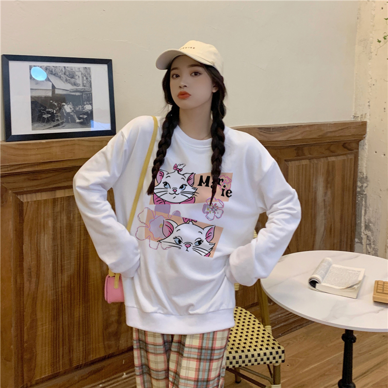 XiaoZhaiNv Sweater Oversized Wanita Cat Anime Pattern Lengan Panjang Korean Style