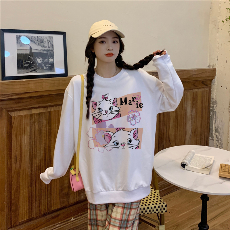 XiaoZhaiNv Sweater Oversized Wanita Cat Anime Pattern Lengan Panjang Korean Style