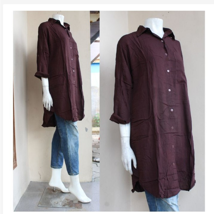 Kemeja Polos Wanita Casual Lengan Panjang Rayon Model Tunik Jumbo XXL 089
