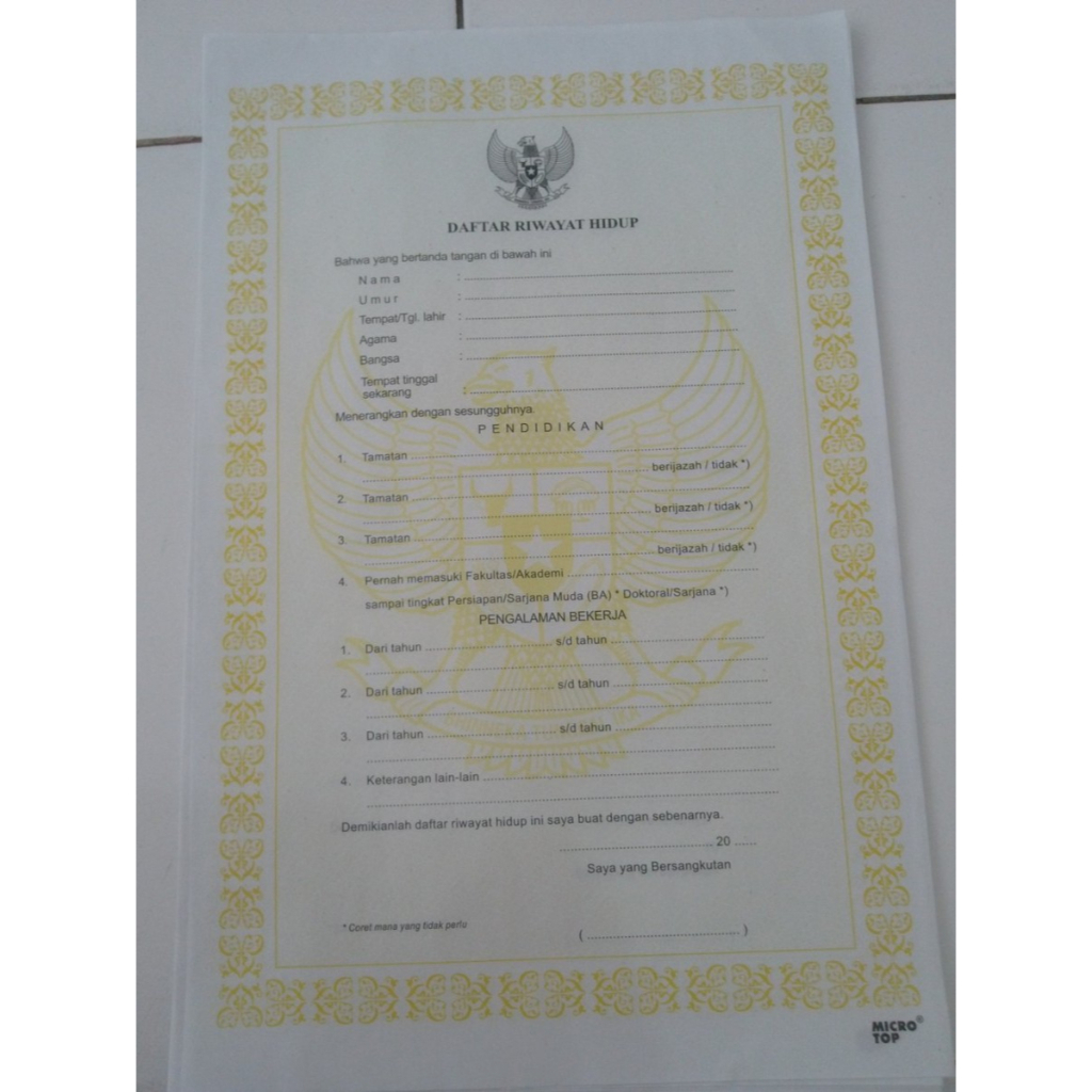 Kertas Daftar Riwayat Hidup/Blangko Daftar Riwayat Hidup