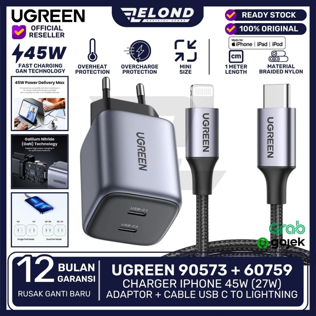 UGREEN Charger iPhone 45W / 30W / 20W Adaptor + Kabel USB C to Lightning PD MFI GaN for All iPhone S