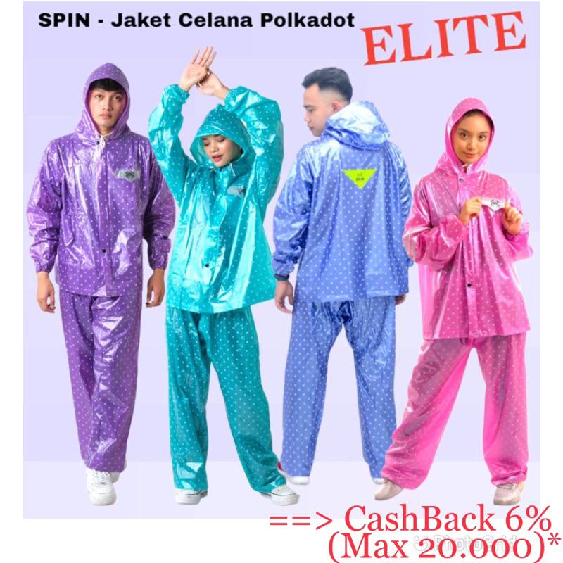 Jas Hujan Stelan Polkadot ELITE Spin Jaket Celana Pria Wanita Setelan Dewasa Onde Murah Bagus