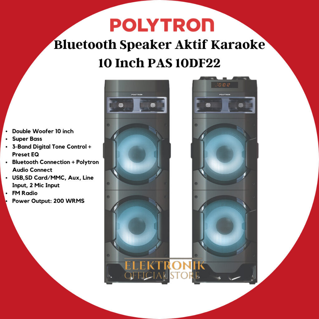Polytron PAS10DF22 Speaker Aktif Double Woofer 10 Inch Super Bass 3-Way System Karaoke Series Blueto