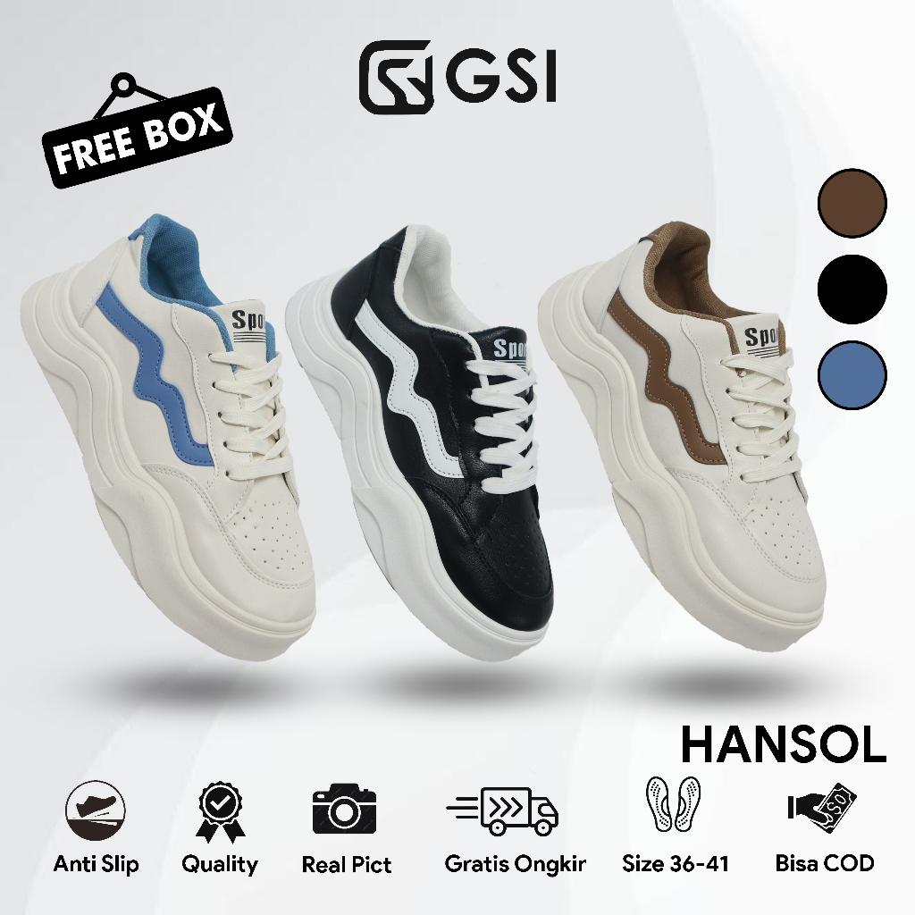 Gudang Sepatu Id Hansol Sepatu Sneakers Wanita Casual Shoes Sport Chic Woman White Bertali Hak Tinggi Bahan Sintetis PU Jalan Olahraga Kantor Sekolah Kampus Ukuran 36 Sampai 41 Free Kotak 1295