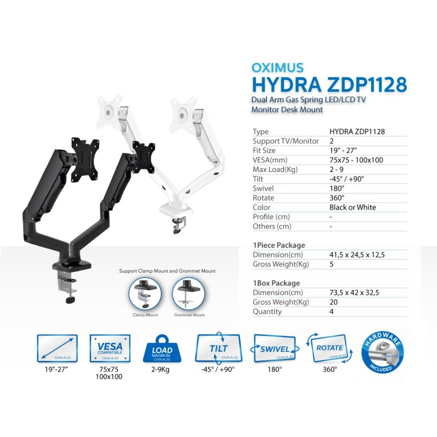 OXIMUS ZDP1128 Bracket TV Monitor LED LCD Gas Spring Tilt Swivel