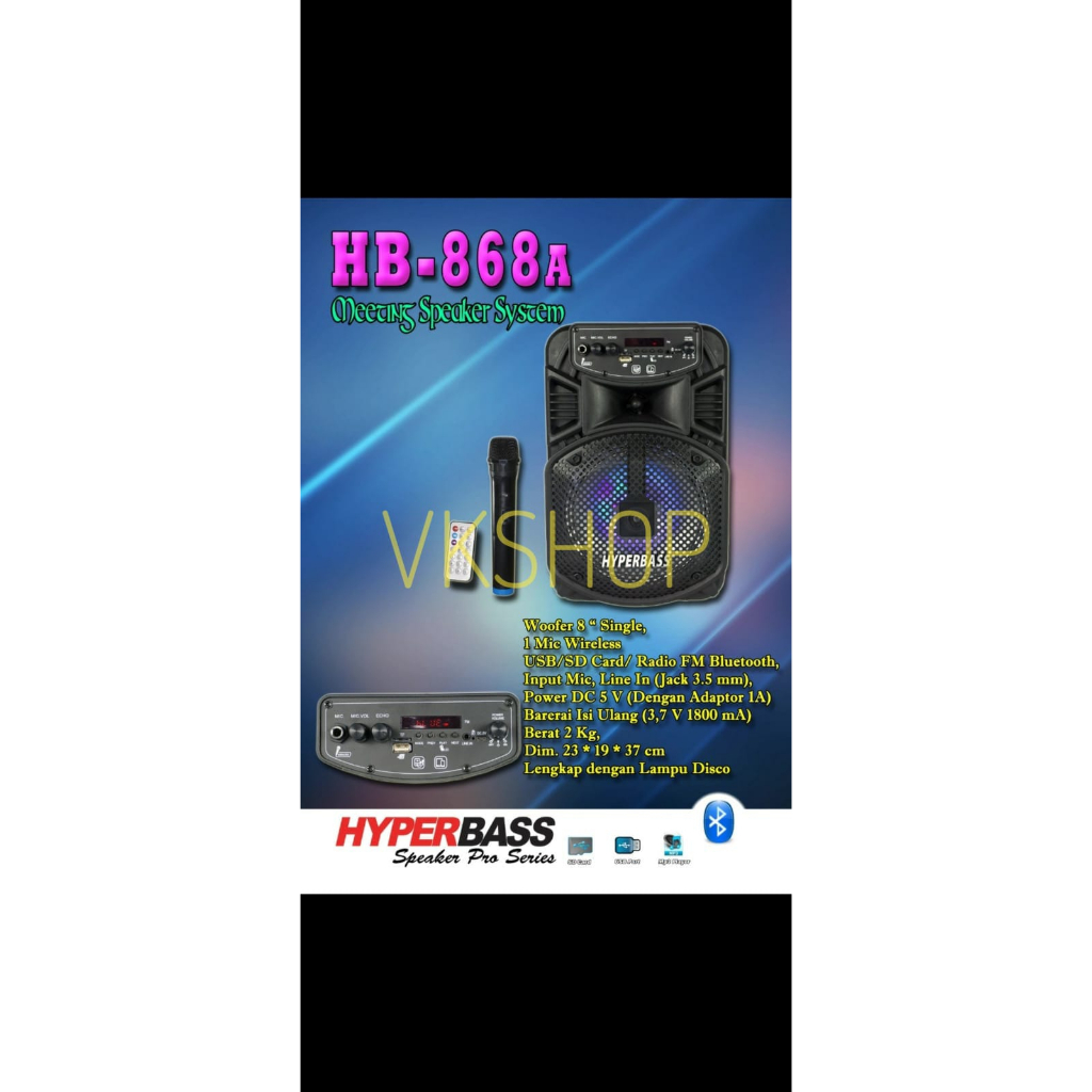 Speaker Portable Bluetooth 8" Hyperbass Hb 868A / HB-868A / HB868A