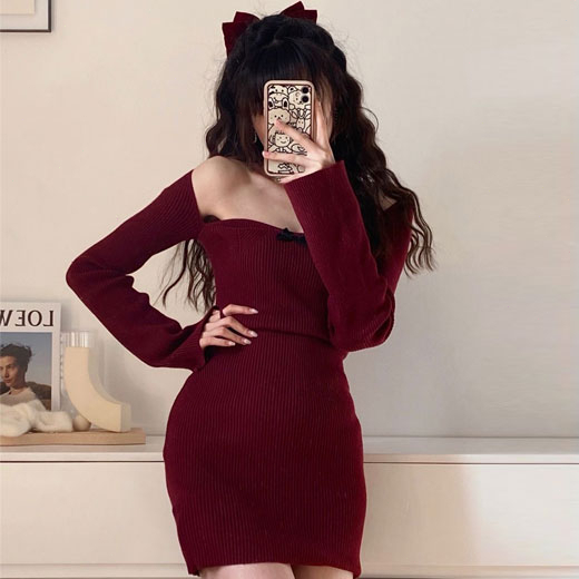 DR818 BAJU WANITA  KOREAN SEXY WRAP  RED SEXY SLIM BODY SHAPE KNITING DRESS ELEGANT KOREAN DRESS