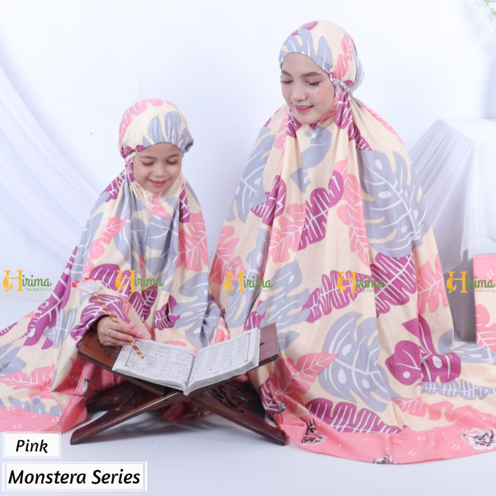 mukena dewasa dan anak motif daun kekinian monstera