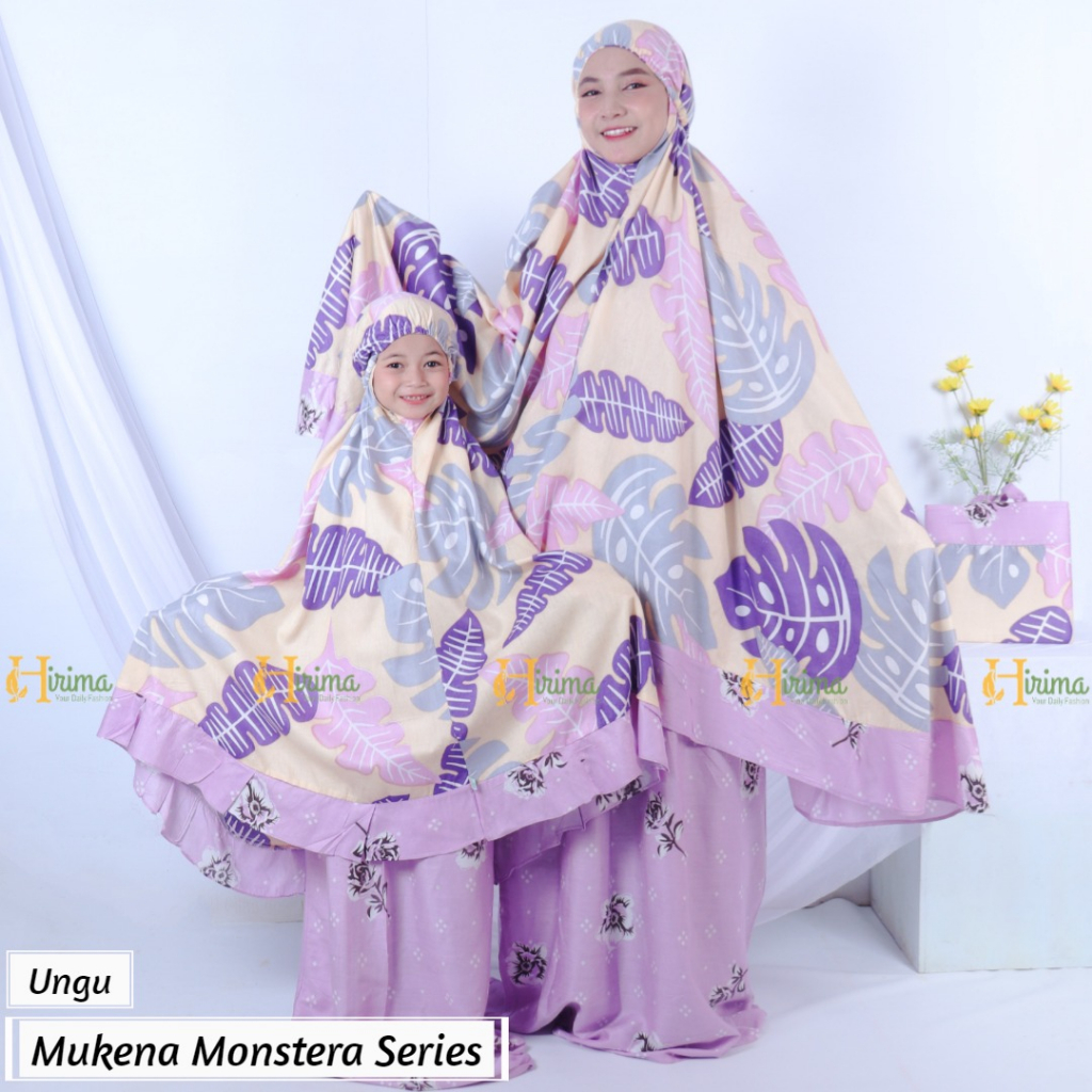 mukena dewasa dan anak motif daun kekinian monstera