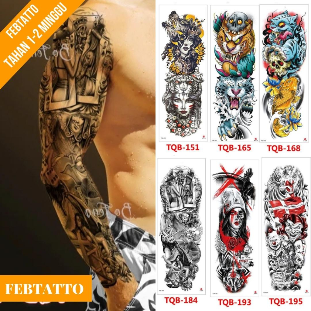 Tato Temporer Full Lengan Ukuran 17cm x 48cm Motif Burung Wanita Raja TQB 184 Tato Lengan Tato Dada 