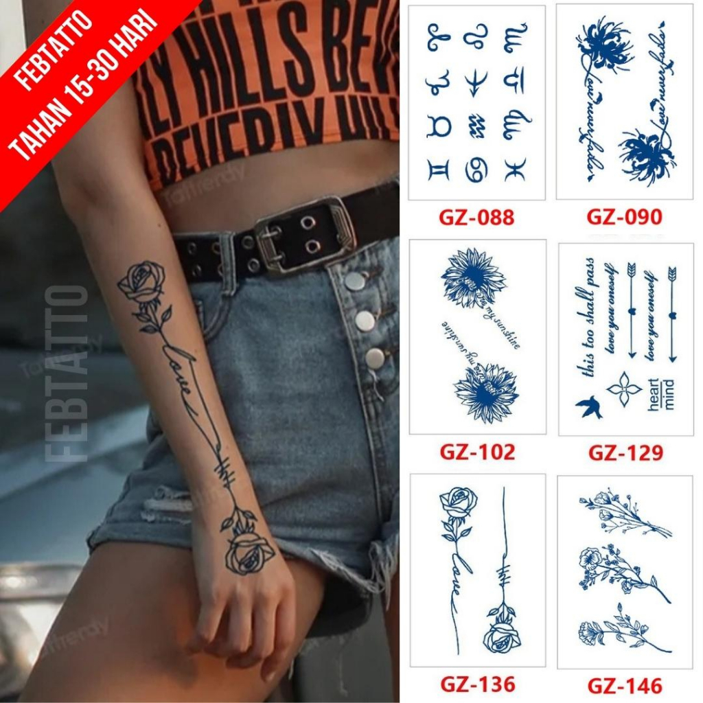 FRUIT INK Tato Semi Pemanent Tahan 1 Bulan Ukuran 11cmx18cmTato Lengan Tato Dada Tato tangan Tato Kaki Tato Punggung Tato Jari  Motif Aesthetic Tatto Temporary Stiker Tato Halal Grosir Tato air motif zodiak, tulisan, panah, bunga GZ 136