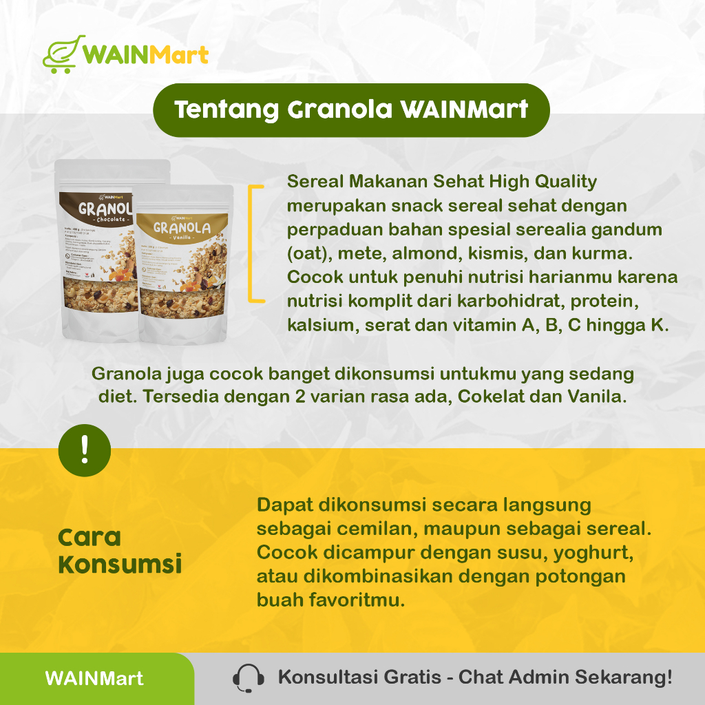 Wainmart Granola Snack Diet Sereal Sarapan Makanan Sehat High Quality Berbagai Varian Rasa Vanilla Coklat