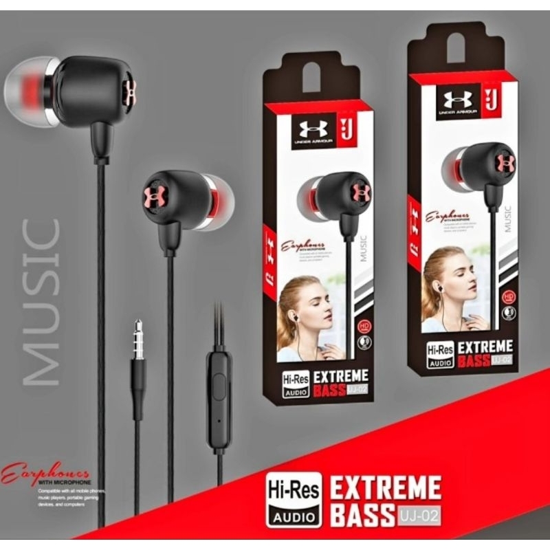 Handsfree J JBL UJ-02 Superbass HF HEADSET PURE BASS STEREO EARPHONE HIGH PERFORMANCE IN-EAR EARPHONES HI-RES AUDIO COMPATIBLE WITH ALL MOBILE PHONES, MUSIC PLAYERS, PORTABLE GAMING DEVICES, AND COMPUTERS, TIPE KONEKSI KABEL EARPHONE UJ-02