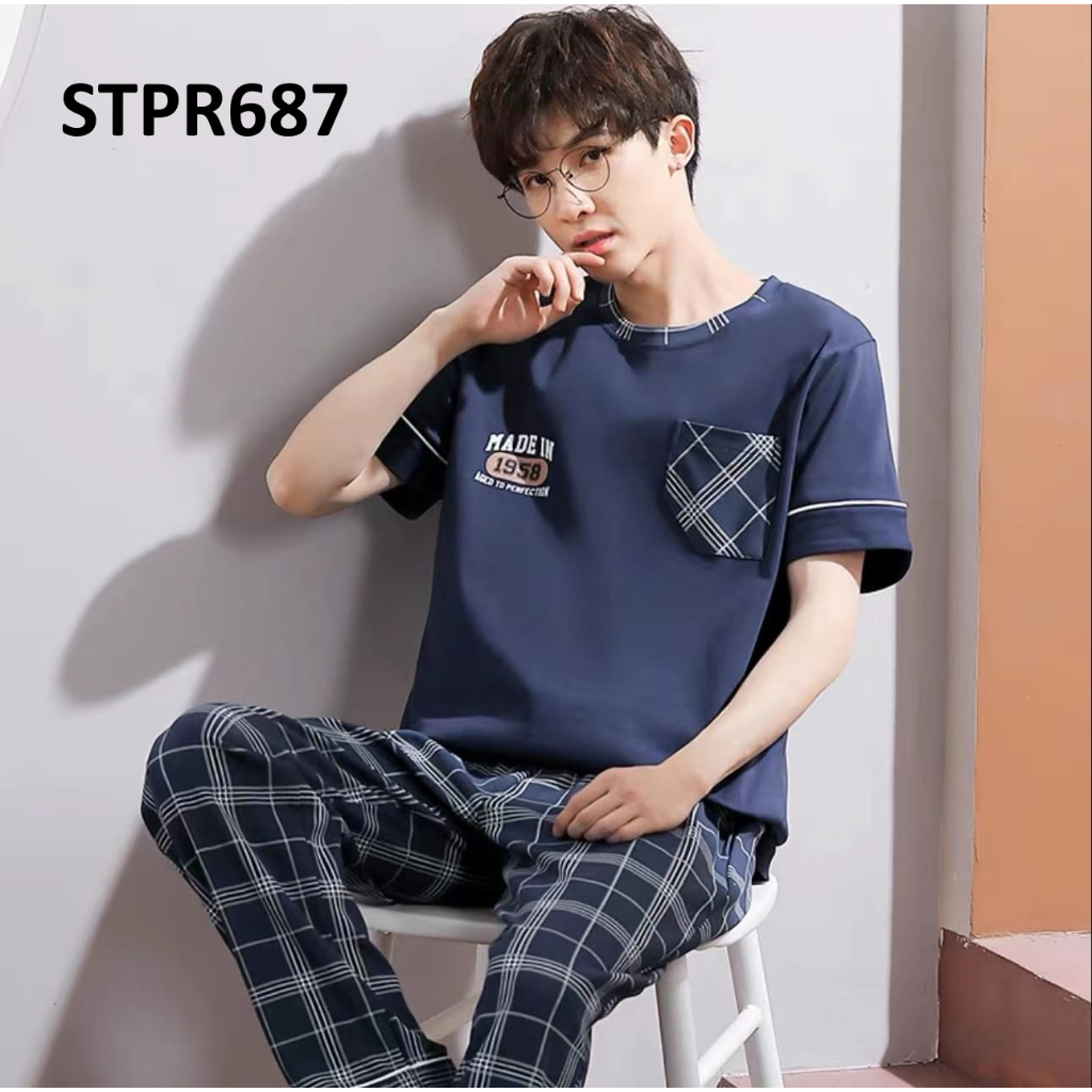 Piyama Pria Baju Tidur Pria Lengan Pendek Celana Panjang Navy Blue