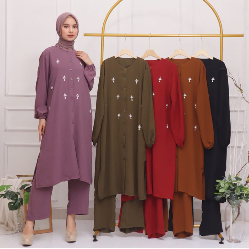 ONE SET CRINKLE AIRFLOW SONIA MUTIARA PAYET MEWAH LONG TUNIK JUMBO LEBARAN COUPLE KELUARGA MURAH GROSIR