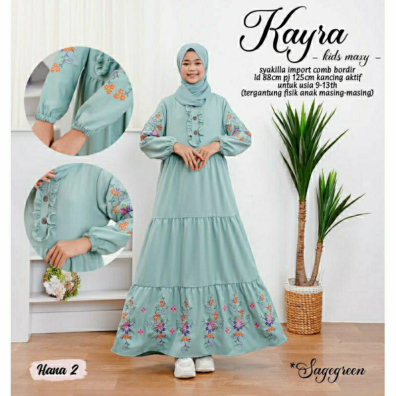 Kayra Kids Maxy, GAMIS LEBARAN ANAK PEREMPUAN CANTIK MODIS FIT 9-13 TAHUN BAHAN SYAKILLA IMPORT MIX BORDIR KANCING AKTIF TERMURAH OOTD KEKINIAN TERLARIS