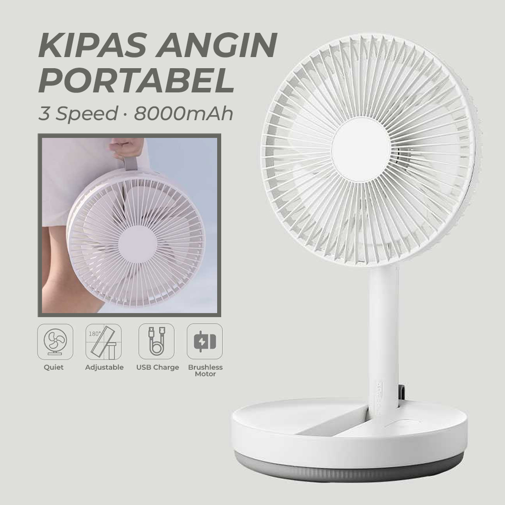 Kipas Angin Meja Portable Retractable 3 Speed USB 8000mAh - LK8 - White