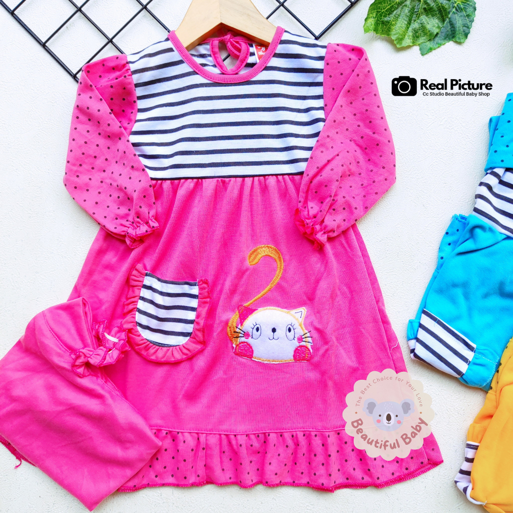 Baby.ou - Setelan Baju Bayi Muslim Perempuan 3-12 Bulan Motif Kucing / Set Hijab Bayi / Kerudung Bayi / Gamis Bayi Perempuan