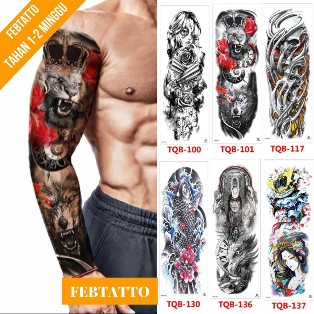 Tato Temporer Full Lengan Ukuran 17cm x 48cm Motif Raja Singa Srigala TQB 101 Tato Lengan Tato Dada 