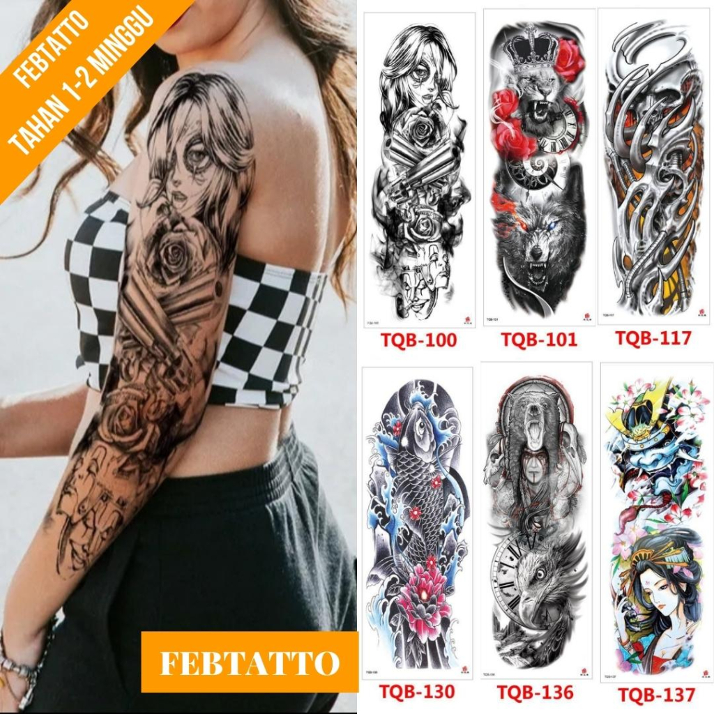 Tato Temporer Full Lengan Ukuran 17cm x 48cm Motif Wanita Cantik Bunga TQB 100 Tato Lengan Tato Dada