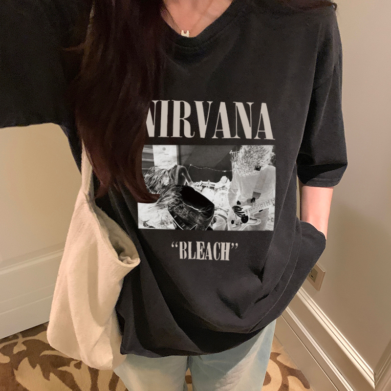 Print Washed T-shirt Kaos Lengan Pendek Oversize Hitam Retro Pattern Printing Korean Style Atasan Wanita