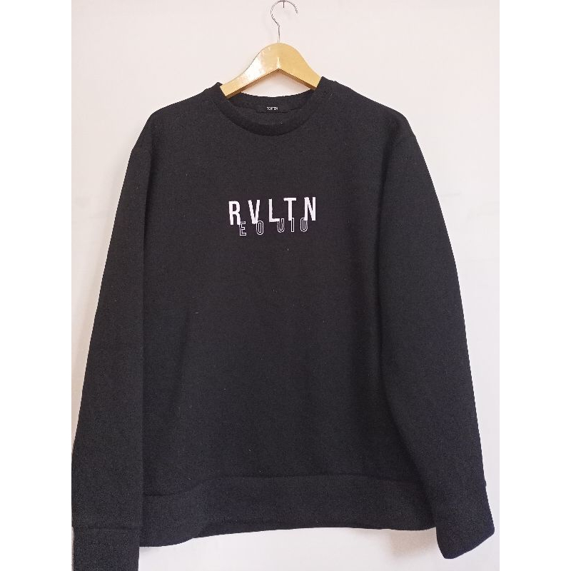 Crewneck Merek Topten Warna Hitam Pekat Tulisan Simple Bahan Cotton Fleece