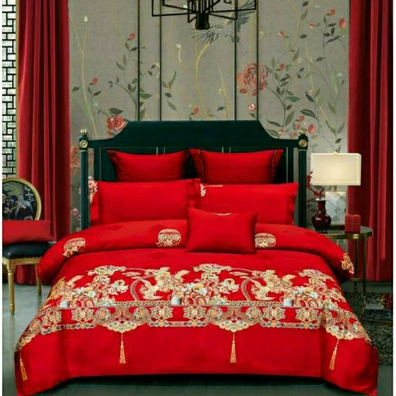 Sprei+Bedcover Chinese Wedding Katun Jepang Motif Suangxi Naga &amp; Hong