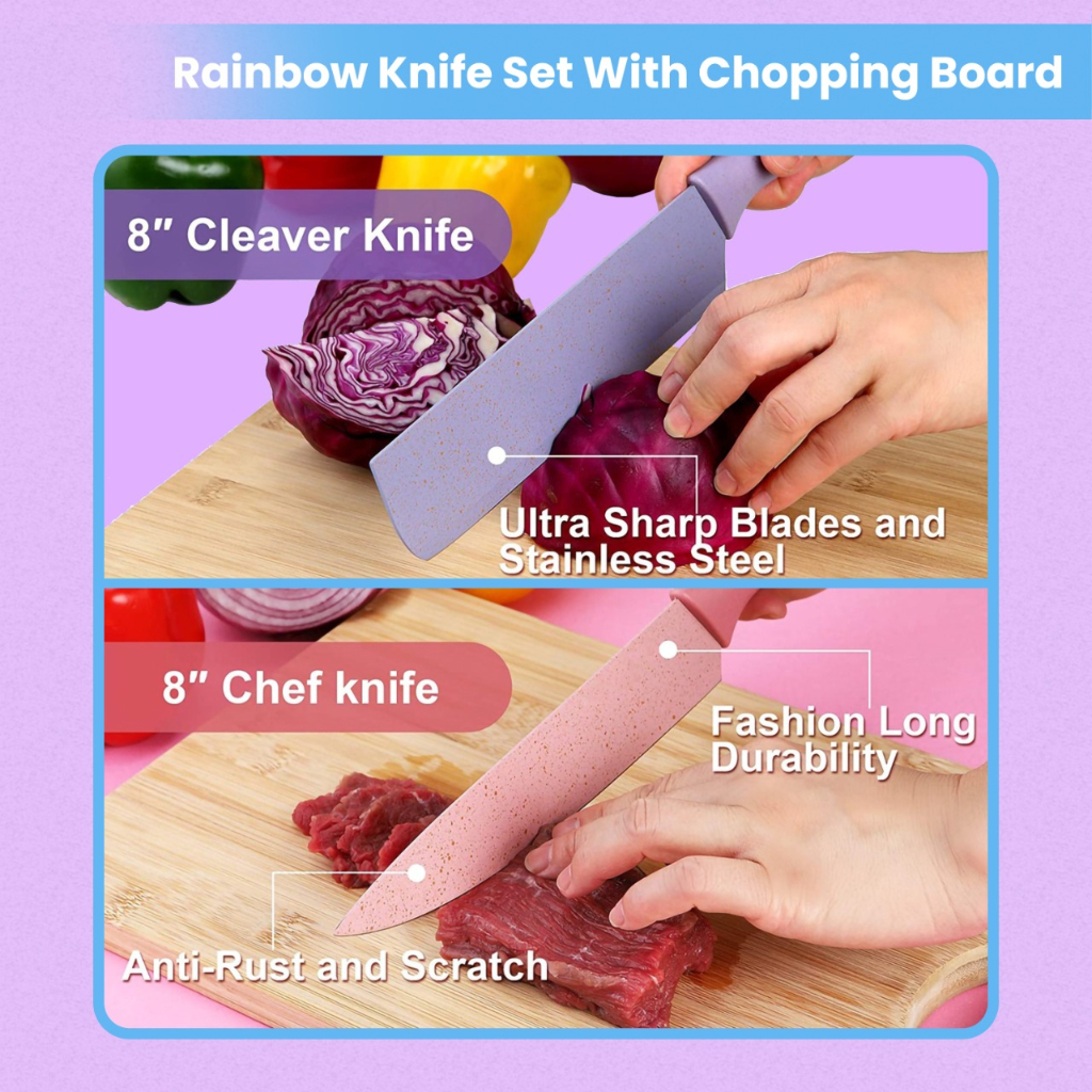 Pisau Set Pastel DIAMOND BESTSELLER ( free gunting dan peeler ) korean knife set Rainbow FULLSET