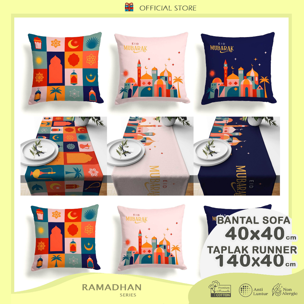 Bantal Sofa Print 40x40 cm dan Table Runner 140x40 cm Motif Ramadan Boho Estetik Colorful Idul Fitri Lebaran - Pusat Kado Murah