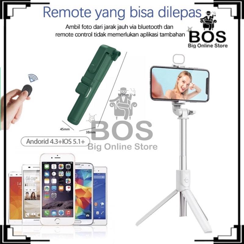 BOS - TONGSIS TRIPOD BLUETOOTH R1S LED 4 IN 1 / SELFIE STICK 4IN1 WITH REMOTE SHUTTER PLUS LAMPU FLASH