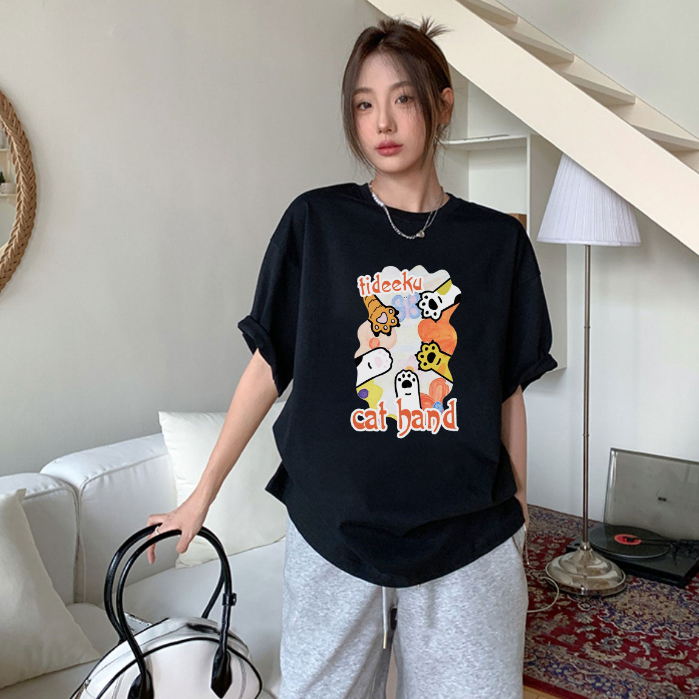 XIAOZHAINV Kaos Atasan Oversize Wanita Cat Hand Anime Pattern Lengan Pendek A0181