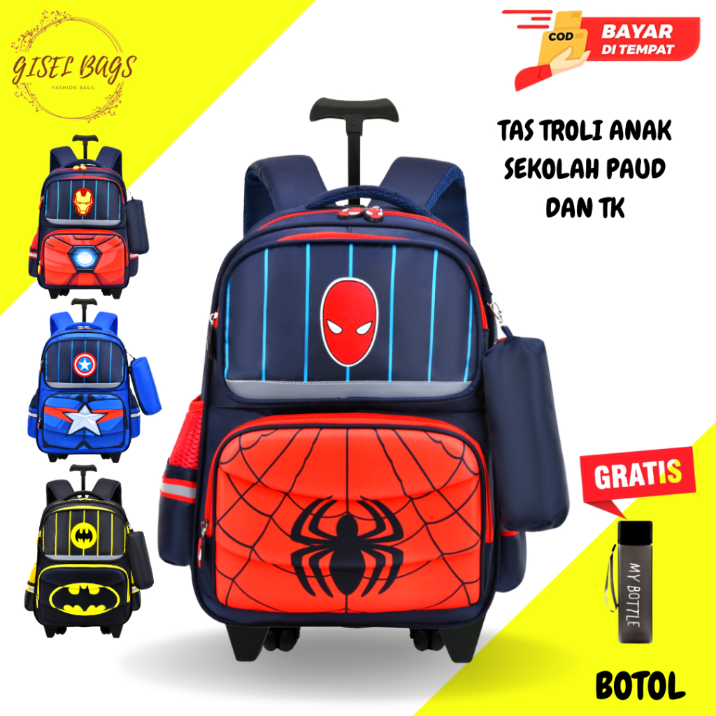 giselbags SALE Tas troli anak laki laki TK import gambar karakter superhero timbul 3D TERMURAH