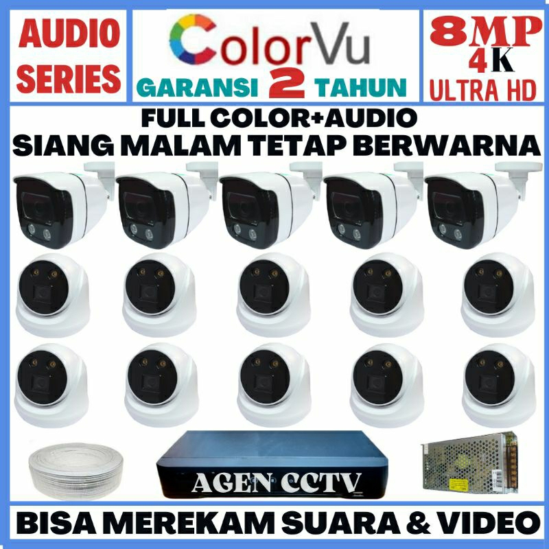 PAKET CCTV COLORVU 16 CHANNEL 15 KAMERA 8MP 4K ULTRA HD 2560P AUDIO