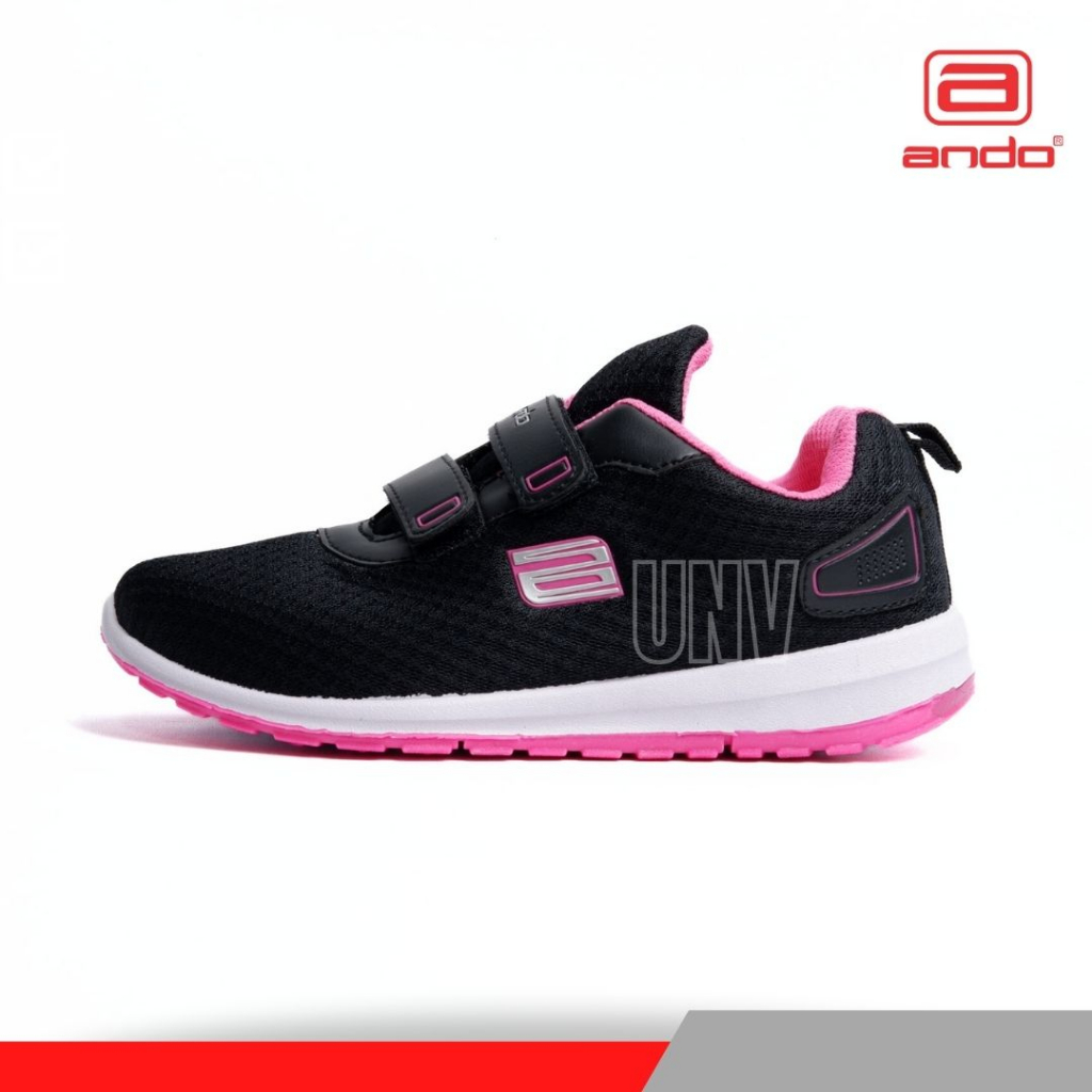 Sepatu Sekolah Anak Perempuan Ando Hitam Pink Perekat Usia 4 5 6 7 8 Tahun Sneakers Kets Olahraga PAUD TK SD Tanpa Tali