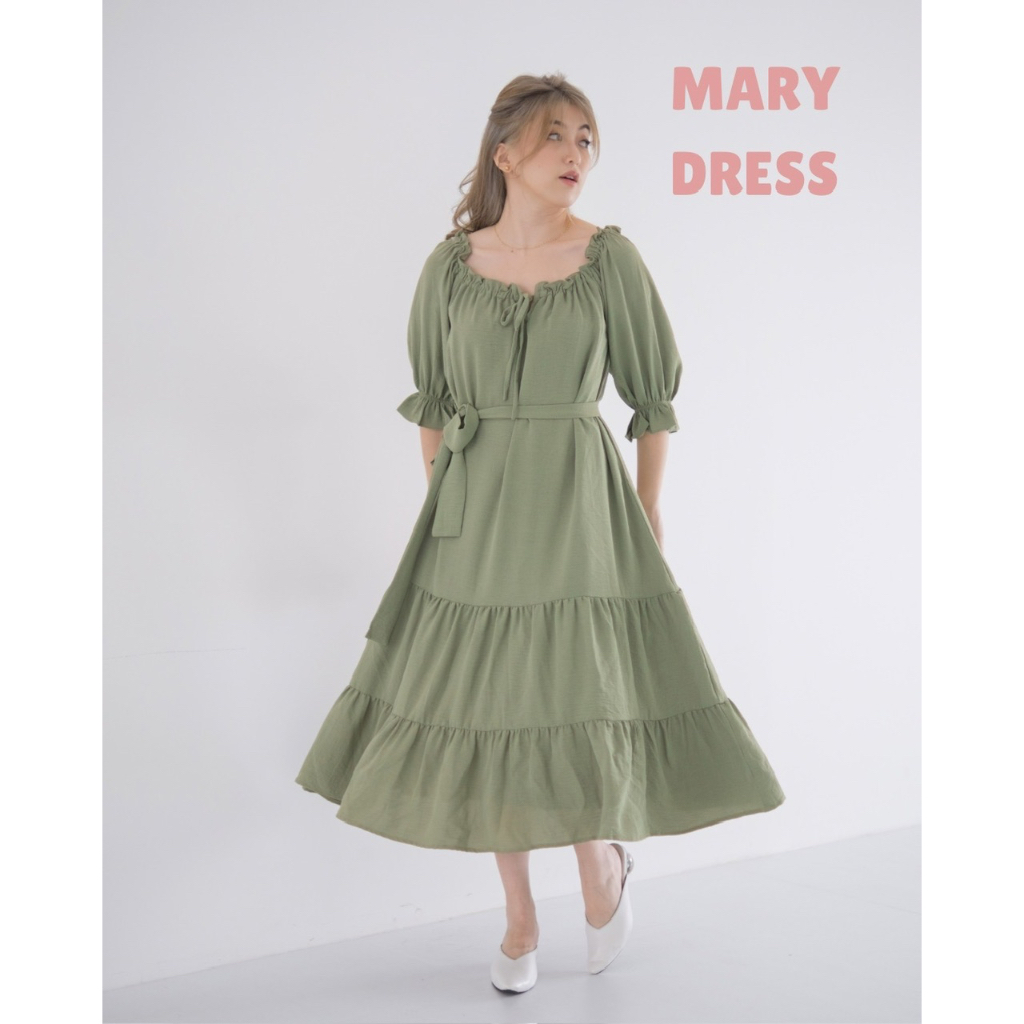 Mary Dress - Dress Wanita - Long Dress - Dress Panjang - Dress Putih - Dress Hijau