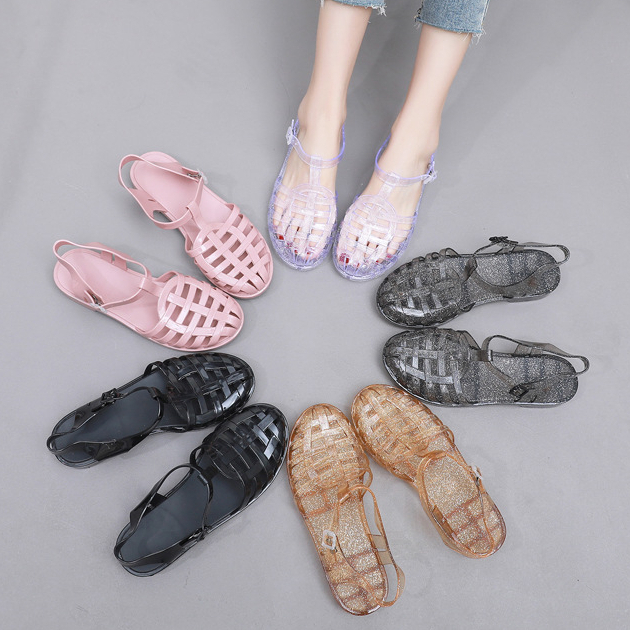 Sandal Jelly Flat Hollow Ukuran Dewasa Warna Glitter &amp; Glossy Hollow Shoes Import